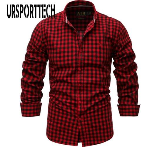 URSPORTTECH Plaid Shirt Men Spring Autumn New 3/4 Sleeves 100% Cotton Shirt Mens Slim Fit Business Casual Shirts High Quality