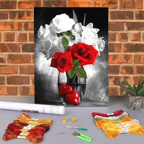 Rose Flower Printed Water-Soluble Canvas 11CT Cross Stitch Set DIY Embroidery DMC Threads Hobby Knitting Painting Needle