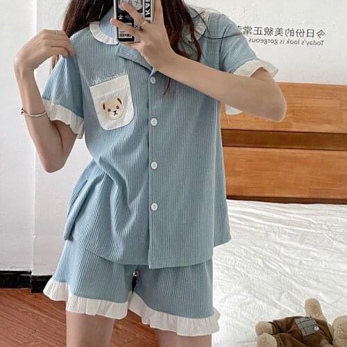Korean style ins women pajamas cute bear embroidery cartoon student 2-piece suit casual loose summer home service sleepwear