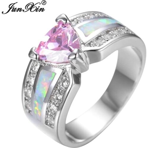 JUNXIN Elegant Fashion Pink Heart Female Opal Ring White Gold Filled Jewelry Vintage Party Engagement Wedding Rings For Women