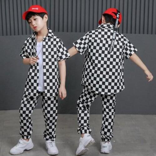 Student Teenage Child Plaid shirts & Pants 2pcs set hip hop Clothing Casual Streetwear Suit for Dancing and Performance