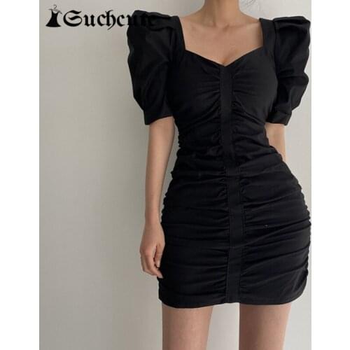 SUCHCUTE Elegent Fashion Puff Sleeve Mini Dress For Women 90s Aesthetics Party Clubwear Bodycon Dresses Summer Korean Dresses
