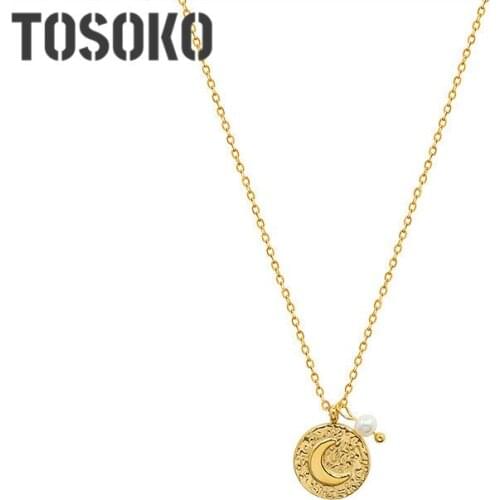 TOSOKO Stainless Steel Jewelry Romantic Moon Round Pendant Freshwater Pearl Necklace Elegant Female Clavicle Chain BSP920
