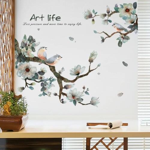 Vintage Wall Stickers Chinese Style Bird Flowers Picture Living Room Bedroom Home Decor Mural Art