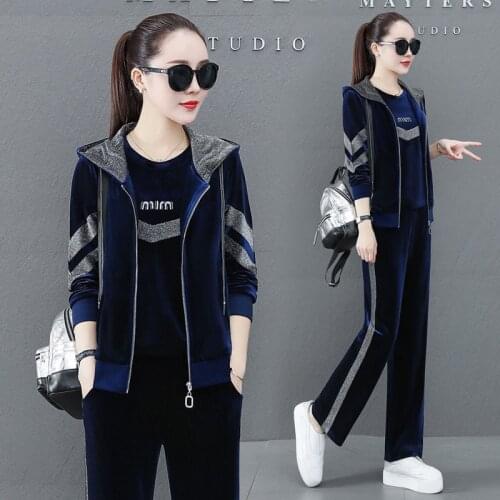 Velour 3 Piece Sets Women Tracksuit Velvet Pant Sets Woman Solid Hooded Zipper Top and Pants Suit Fashion Streewear 2021 M-4XL