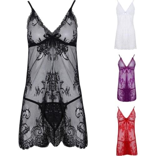 Women Summer Lace Nightgown Sleepwear Pyjamas Negligee Babydoll Sexy Bathrobe Female Home Clothes Red S-XXL