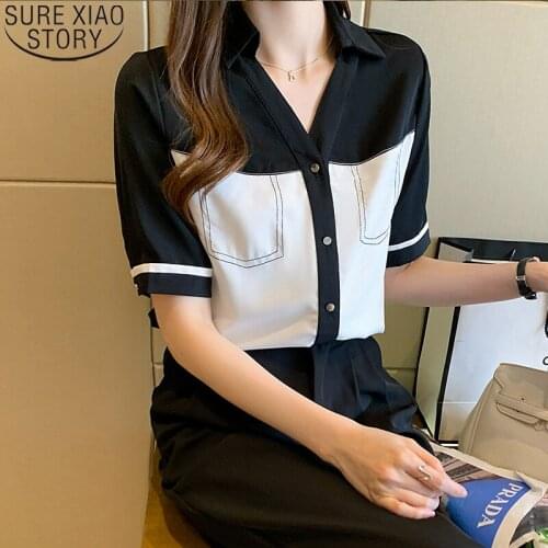 Vintage Single Breasted Women Blouses 2021 Summer Chiffon Shirt Short Sleeve Women Shirts V Neck Plus Size Female Clothing 14249