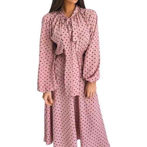 Women Dresses Fashionable Chiffon Wave Point Printed Long Sleeve Scarf Neck Midi Dress Womens Clothing 2021