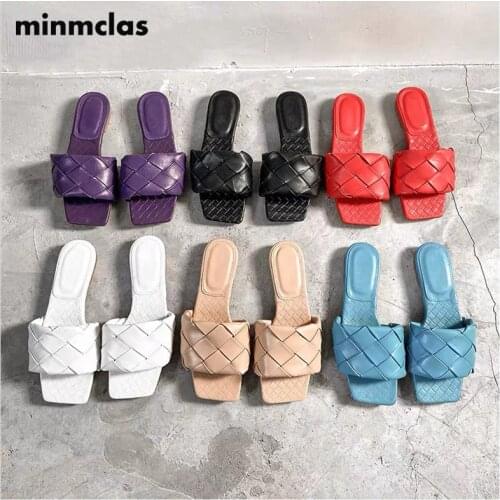 Minmclas 2021 New Brand Slippers Weave Leather Women Sandal Open Toe Flat Casual Slides Summer Outdoor Beach Female Flip Flops