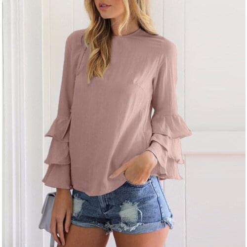 BKLD Women Ruffles Blouses Shirts 2018 Autumn Elegant Ladies O-neck Flounce Long Sleeve Solid Sky Blue Blusas Casual Loose Tops
