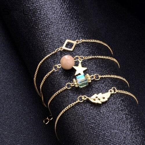 Sindlan Bracelets & Bangles New 4 Pcs / Set Simple Gold Chain Charm Crystal Bead Leaf Stars Pendant Bracelets Bangles For Women