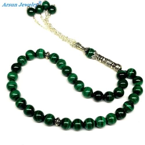 High Quality Pure Natural Malachite Stone 8mm Round bead 33 rosary beads Muslim Taisbyha rosary Free shipping