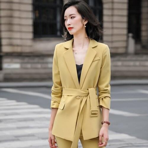 High Quality Fabric Elegant Yellow Formal Uniform Designs Pantsuits with Pants and Jackets Coat OL Styles Professional Blazers
