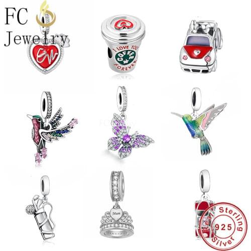 FC Jewelry Fit Original Pandora Charm Bracelet 925 Silver 3D Color Zircon Feather Fly Hummingbird Bead For Making Berloque 2021