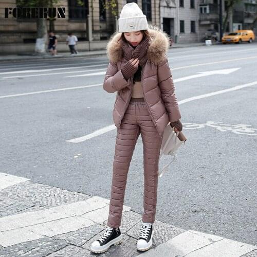 FORERUN Two Piece Set Women Winter Jacket Fur Hooded Puffer Jackets and High Waist Cotton Padded Warm Pants Suits -30centigrade