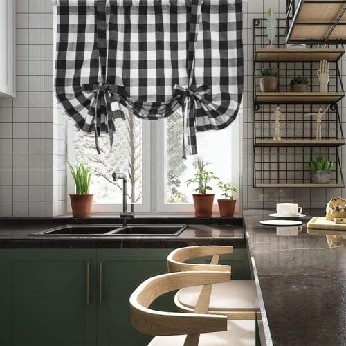 Plaid Print Short Window Curtain With Hole Adjustable Roman Blinds Blackout Drapes Solid Color Grid For Living Room Kitchen
