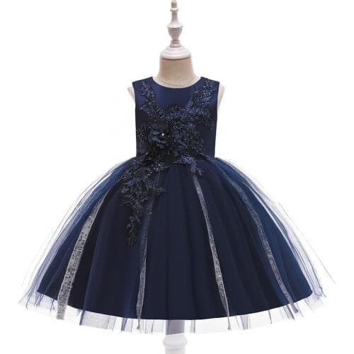 Cute Flower Girl Dresses For Wedding Lace Floral Appliques Tiered Skirts Girls Pageant Dress Navy A Line Kids Birthday