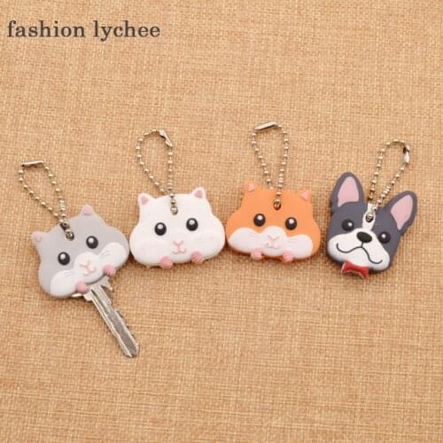 Fashion lychee Cute PVC Puppy Pug Little Mouse Key Chain Animal Key Cover Cap Keychain Key Ring Bag Pendant Unisex Gift Jewelry