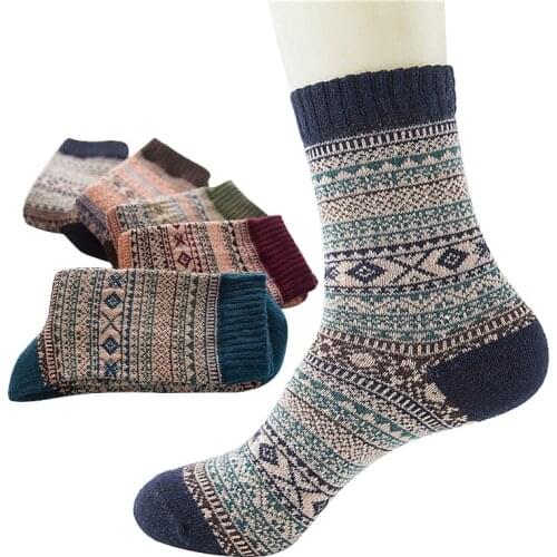 5pairs Men Socks Vintage Striped Totem Winter Warm Teenager Merino Wool Socks Rabbit Wool Thick Thermal Socks Art For Male Meias