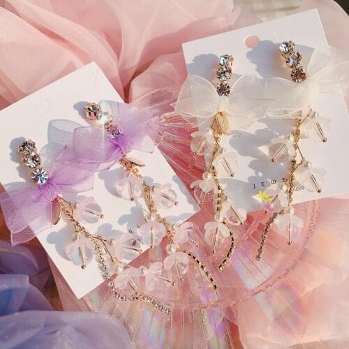 New Korean Sweet Yarn Bowknot Beads Rhinestone Long Drop Earrings For Women Fashion Holiday Party Jewelry Gifts