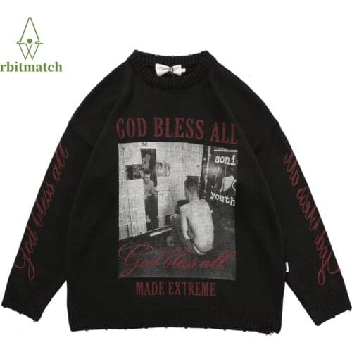 Autumn Hip Hop Oversized Sweater Men Streewear Vintage Punk Character Print Women Harajuku Knitted Sweater Cotton Pullover Unise