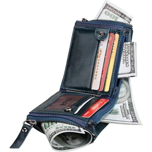 RFID Small Female Purse Genuine Leather Short Purse Zipper & Hasp Short Clutch Wallet Vintage Top Layer Cowskin Women Wallet