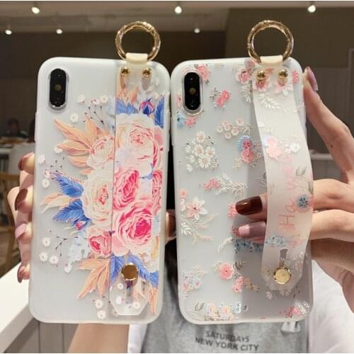 Luxury Flowers Wrist Strap Cases Cover for iphone 12 11 Pro Max X XR XS Max 6 6s 7 8 Plus SE 2020 Phone Holder Soft TPU Cases