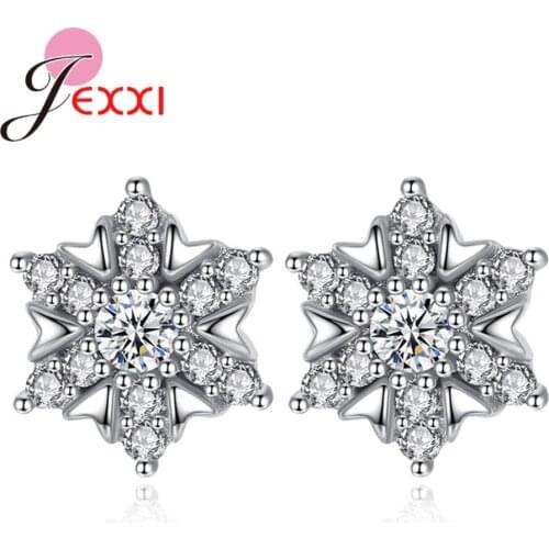 100% 925 Sterling Silver Jewelry Snowflake Cubic Zircon Stud Earrings for Women Ladies Brides Wedding Engagement Pendientes