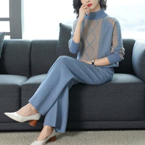 Blue Patchwork Pattern Sweater Two Piece Set Fashion Warm Turtleneck Tops And Knitted Wide Leg Pant Suit 2021 Fall Casual Wear