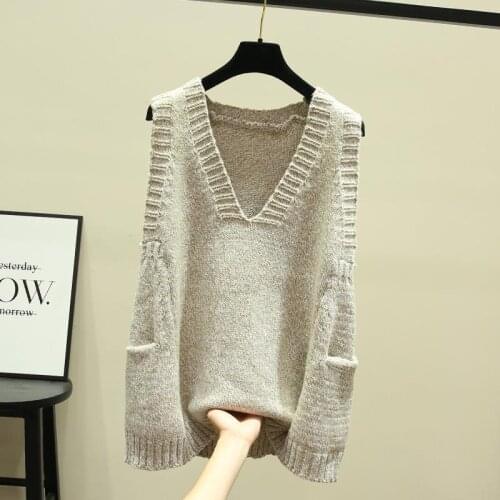 Loose Large Size Sweater Waistcoat Womens Knitted Vest Spring Autumn Korean V-neck Pocket Solid Color Knitted Sweater Vest W27
