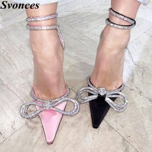 Chic Silk Satin Beading Strap Slingback Shoes Pointed Toe High Heels Women Summer Shoes Bling Crystal Party Sandals Pink