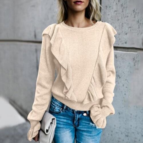 2020 Spring summer Fashion Women Solid Color Ruffled Long Sleeve O Neck Pullover T-shirt Blouse Top
