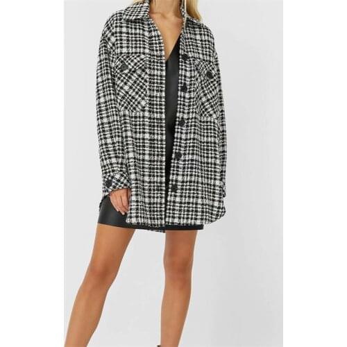 Women 2021 Fashion Oversized Black And White Plaid Jacket Coat Vintage Long Sleeve Pockets Female Outerwear Chic Tops