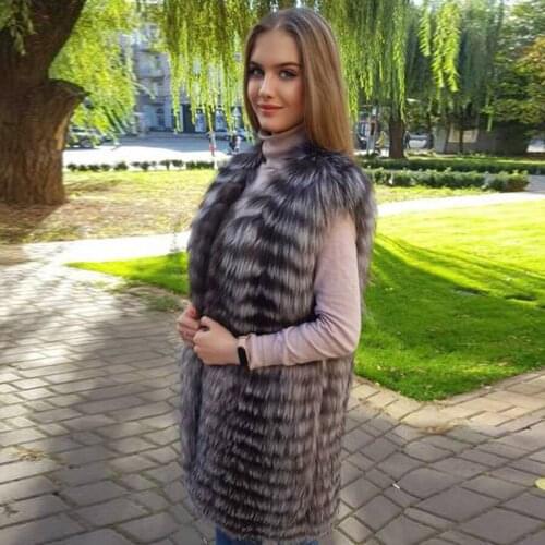 Mid-length Fur Vest Natural Silver Fox Fur Waistcoat Women Winter Fashion Warm Gilet Sleeveless Coat