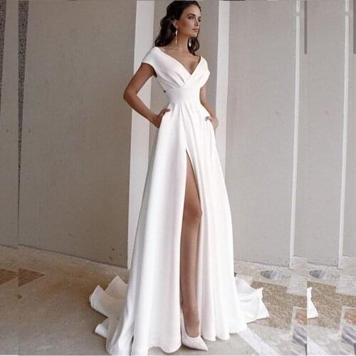 Wedding Dress 2021 Simple Side Slit Short Sleeve Satin Sweep Train With Pocket For Women Petite Beach Cheap Custom Made size