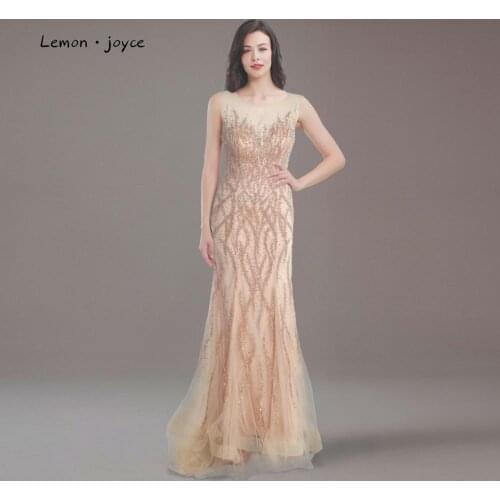 Champagne Prom Dress Evening Dresses Long 2020 Sexy O-neck See-through Beading Mermaid Party Gowns Plus Size Robe De Soirre