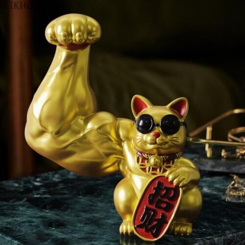 Golden Giant Arm Muscle Cat Store Office Decoration Abstract Animal Lucky Cat Sculpture Figurine Birthday Gift Home Decoration