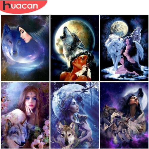 HUACAN 5D Diy Diamond Painting Woman Cross Stitch Diamond Embroidery Wolf Mosaic Moon Handcraft Handmade Gift