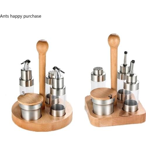 Stainless Steel Spice Jar Suit Home Salt Shaker Oil Can Pepper Bottle Square Round Wooden Base Kitchen Supplies Seasoning Bottle