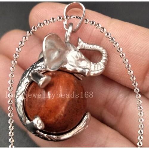 Free Shipping Women Fashion Jewelry Frame Jaspe Ball Elephant Art Necklace With Chain 1pcs C5546n