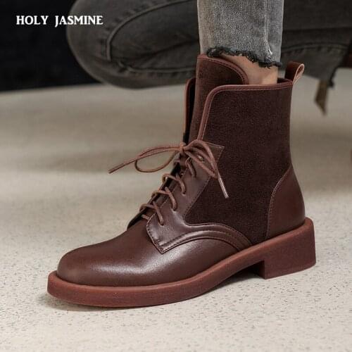 2021 New Fashion Real Leather Ankle Boots for Women Lace Up Round Toe Platform Women Boots Ladies Shoes Black Shoes for Women