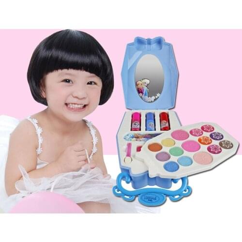Disney girls blue Frozen snow princess Makeup toys with Box Nail polish Eyeshadow Blush Play Beauty Fashion Toys