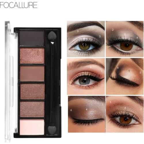 FOCALLURE 6 Colors Eye Shadow Makeup Shimmer Matte Eyeshadow Earth Color Waterproof Eye Shadow Powder Palette For Women