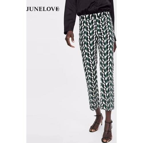 JuneLove Women Winter Casual Retro Long Pants Vintage Female Print Straight Pants High Waist Zipper Loose Lady Harem Pants