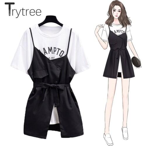Trytree 2021 Summer Women Two Piece Set Casual O-neck Letters Cotton Long T-shirt + Single Button Mini Dress Belt 2 Piece Set