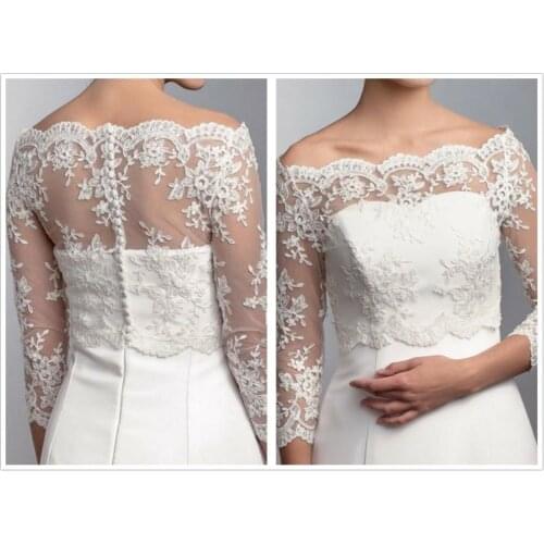 New Lace Appliques Off Shoulder Wedding Shawl Lace Boleros Jackets Long Sleeves Custom Size Bridal White Ivory Jacket 2019