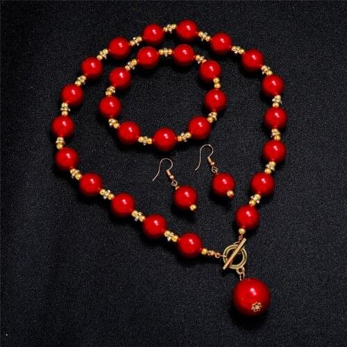 New Jewelry Sets Red Green Pearls Earring Bracelet Necklace Jewelry Set For Women Wedding Party Gift Fashion Bride Pearl Jewelry