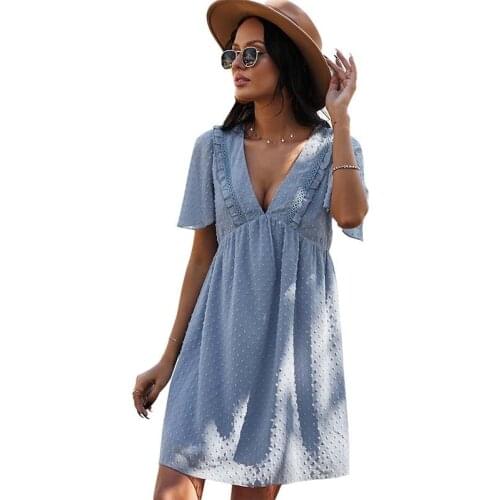 Sexy Mini Dress Deep V Neck High Waist Short Sleeve Solid Loose Cotton Dress Summer Holiday Beach Party Dress Woman Vestidos