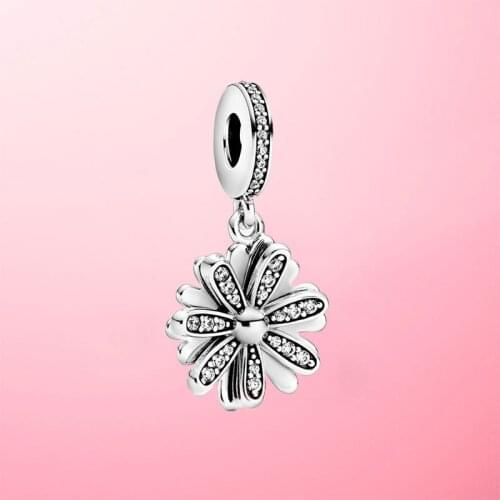 Real 925 Sterling Silver Sparkling Daisy Flower Dangle Charm Beads fit Original Pandora Charms Bracelet Pendant Necklace Jewelry