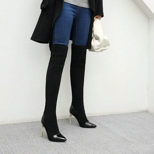 Flock Leather Over The Knee Belted Boots Women Sexy Thigh High Boot Pointed Toe Black Apricot Fetish Stripper Dance Shoe Woman